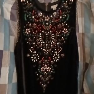ecota beautiful black velour dress w gold beaded trim & gemstones in front Sz M